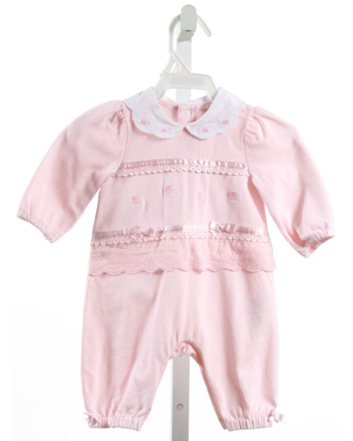 MINTINI BABY  PINK   EMBROIDERED KNIT ROMPER WITH LACE TRIM