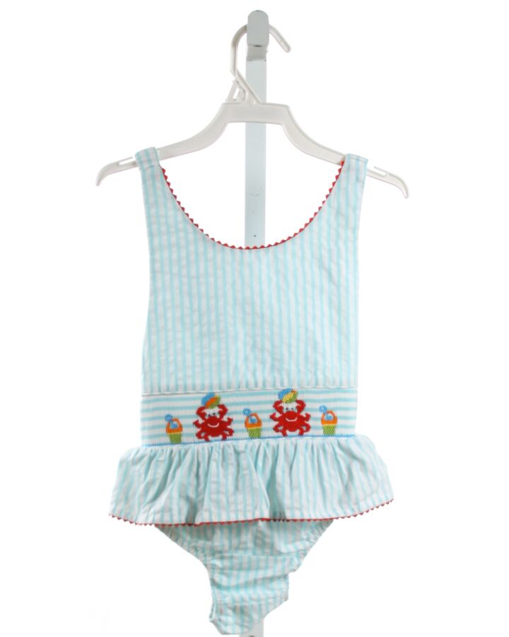 CLAIRE AND CHARLIE  LT BLUE  STRIPED SMOCKED 1-PIECE SWIMSUIT WITH RIC RAC