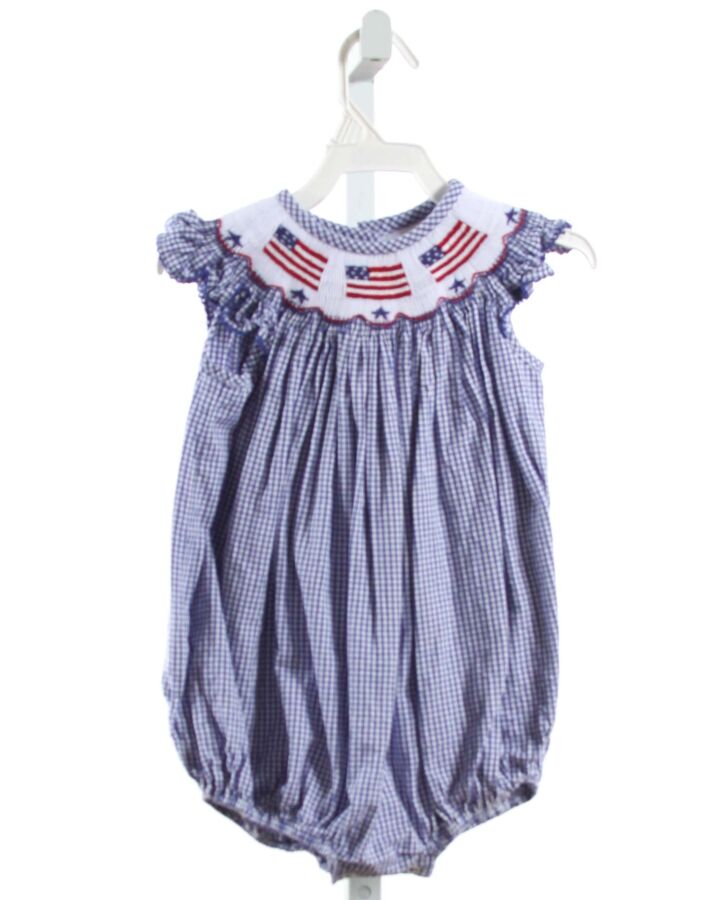 SOUTHERN SMOCKED COMPANY  BLUE  GINGHAM SMOCKED BUBBLE WITH PICOT STITCHING