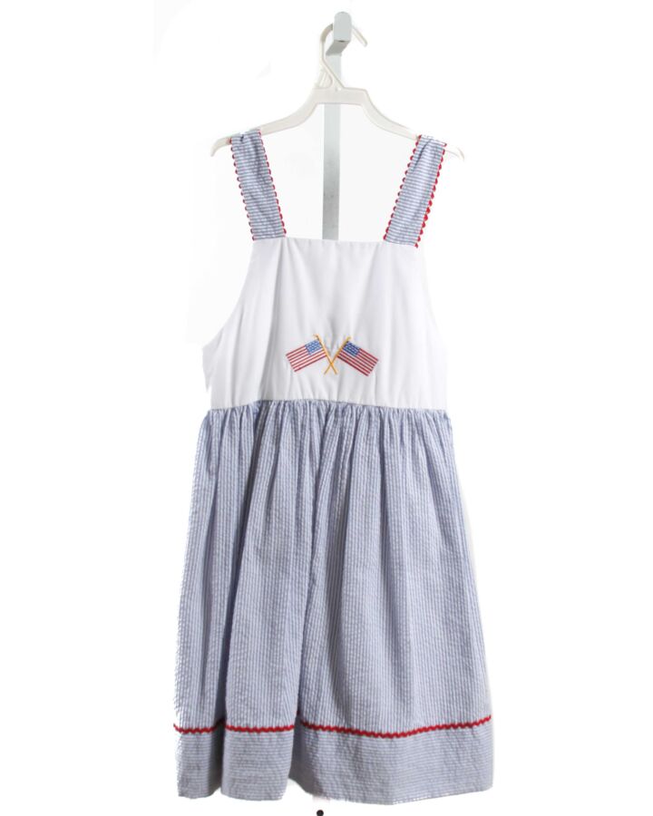 MARCO & LIZZY  BLUE SEERSUCKER STRIPED EMBROIDERED DRESS WITH RIC RAC
