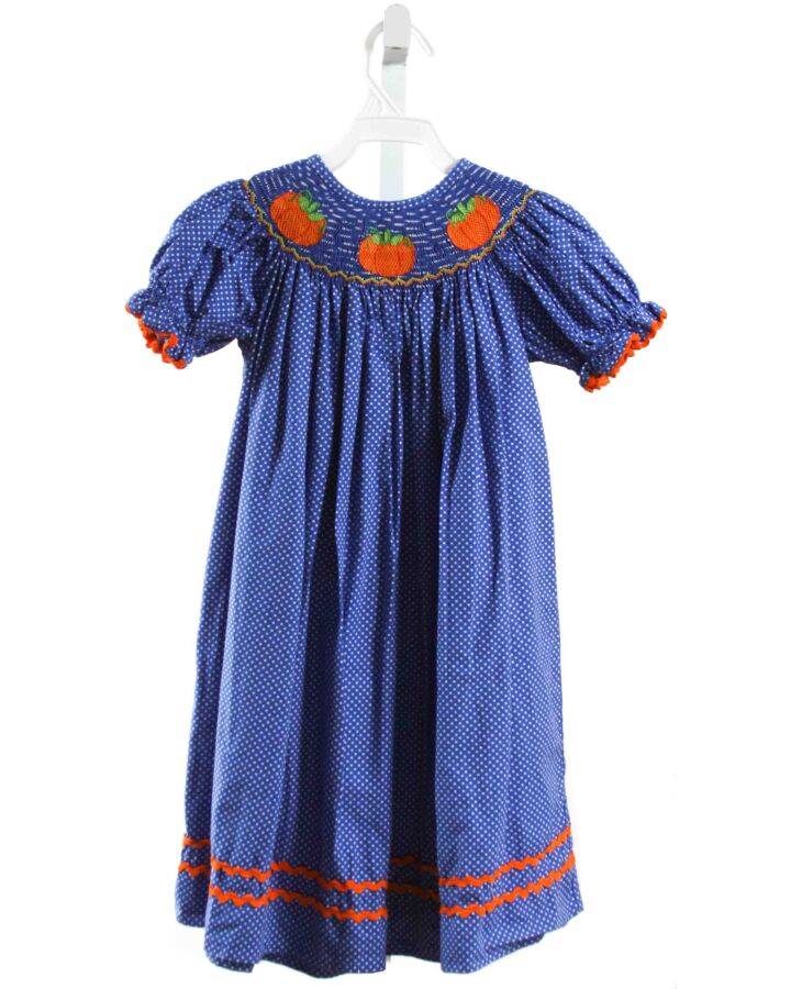 SMOCKED AUCTIONS  BLUE  POLKA DOT SMOCKED DRESS WITH RIC RAC