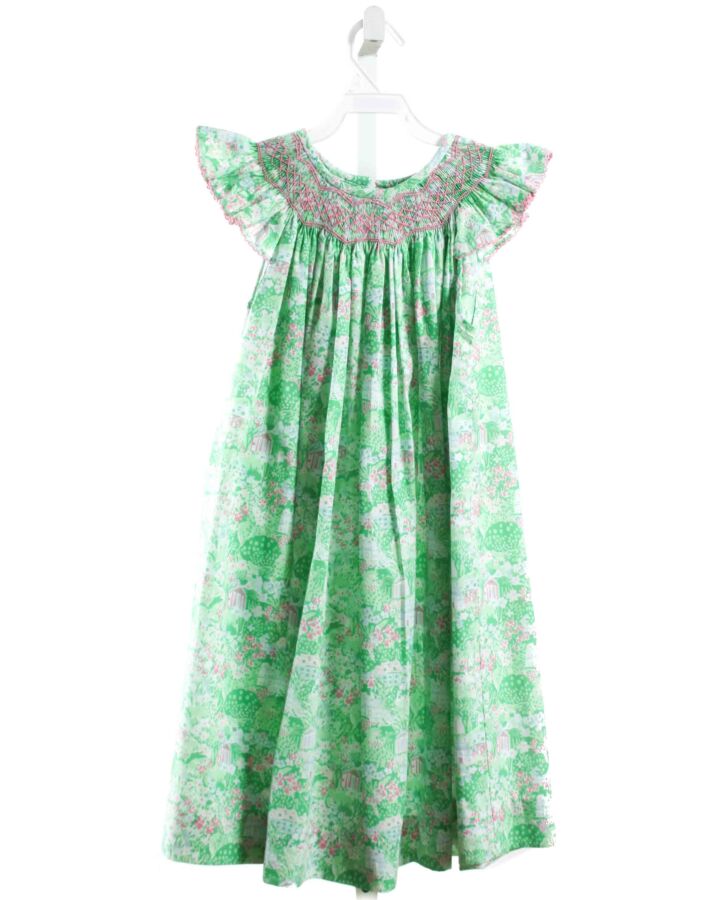 THE BEAUFORT BONNET COMPANY  GREEN  FLORAL SMOCKED DRESS WITH PICOT STITCHING