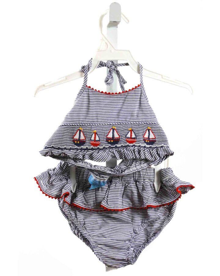 ANAVINI  NAVY  STRIPED SMOCKED 2-PIECE SWIMSUIT WITH RIC RAC