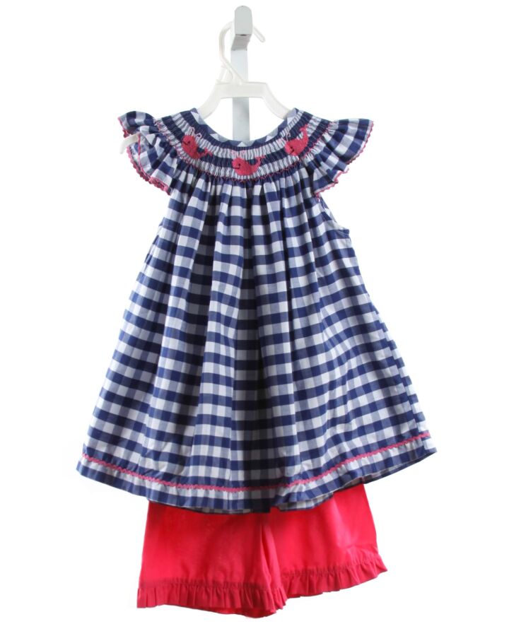 SOUTHERN SUNSHINE KIDS  BLUE  GINGHAM SMOCKED 2-PIECE OUTFIT WITH RIC RAC