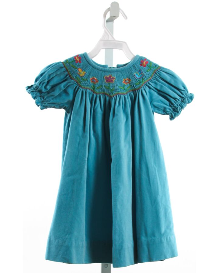 ANAVINI  AQUA CORDUROY FLORAL SMOCKED DRESS
