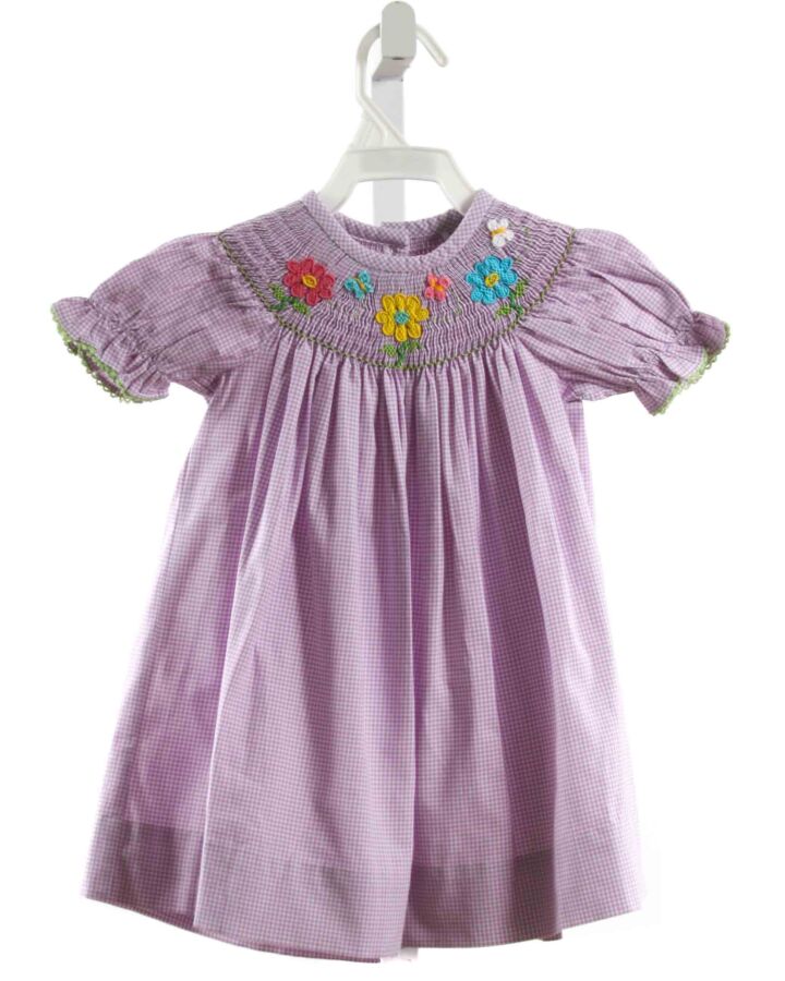 ZUCCINI  LAVENDAR  GINGHAM SMOCKED DRESS WITH PICOT STITCHING