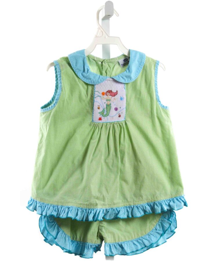 BEAUX ET BELLES  GREEN  GINGHAM SMOCKED 2-PIECE OUTFIT WITH RUFFLE