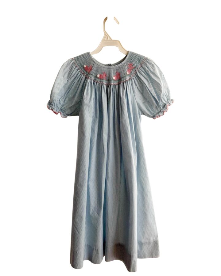 EDGEHILL COLLECTION  LT BLUE  STRIPED SMOCKED DRESS WITH PICOT STITCHING