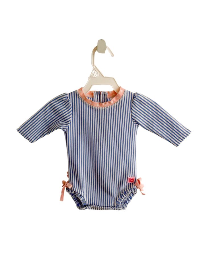 RUFFLE BUTTS  BLUE SEERSUCKER STRIPED  1-PIECE SWIMSUIT