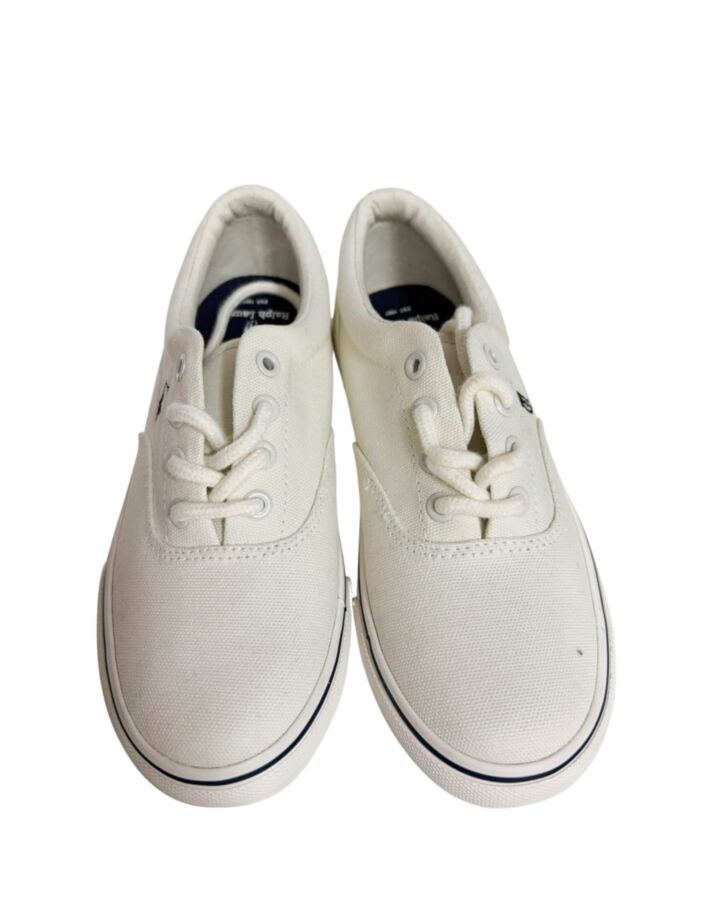POLO BY RALPH LAUREN WHITE SHOES *THIS ITEM IS GENTLY USED WITH MINOR SIGNS OF WEAR (FAINT STAIN COULD POSSIBLY BE WASHED OUT) *EUC SIZE CHILD 1
