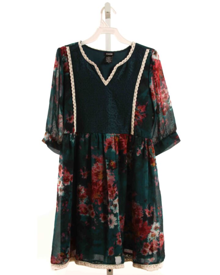 ZUNIE  GREEN  FLORAL  DRESS WITH LACE TRIM