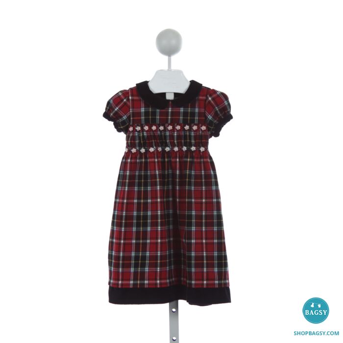 HANNA ANDERSSON RED PLAID SMOCKED DRESS WITH BLACK VELVET TRIM