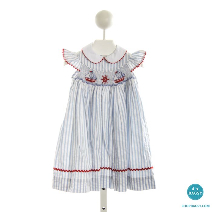 SHRIMP AND GRITS BLUE SEERSUCKER SAILBOAT SMOCKED DRESS