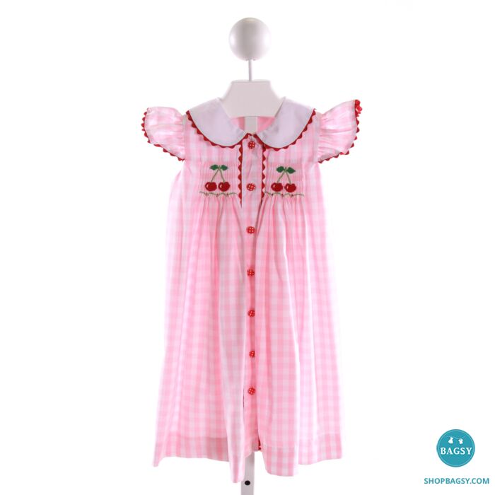SHRIMP GRITS LT PINK GINGHAM SMOCKED DRESS WITH RIC RAC