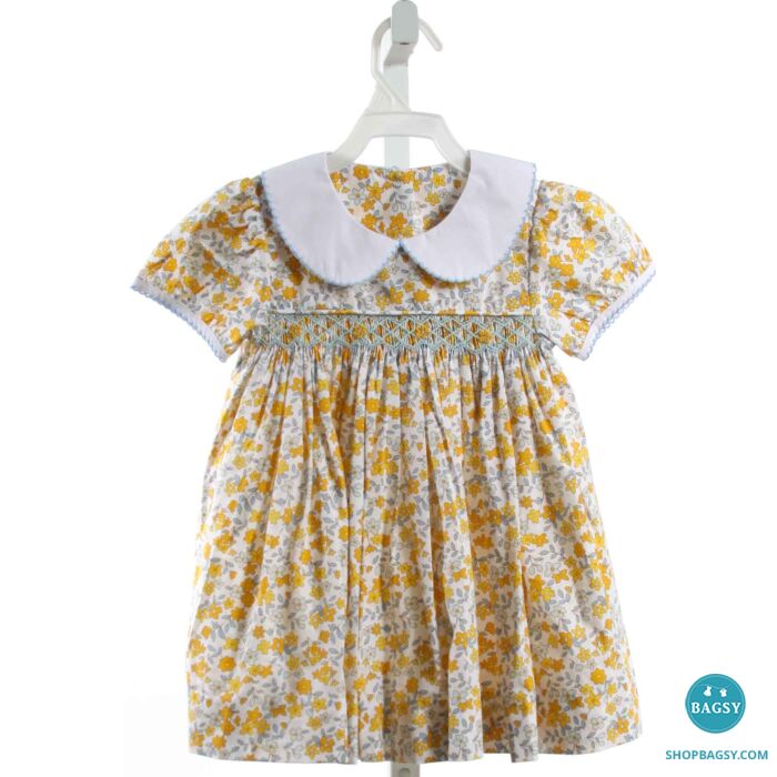 SHRIMP GRITS YELLOW FLORAL SMOCKED DRESS WITH PICOT STITCHING