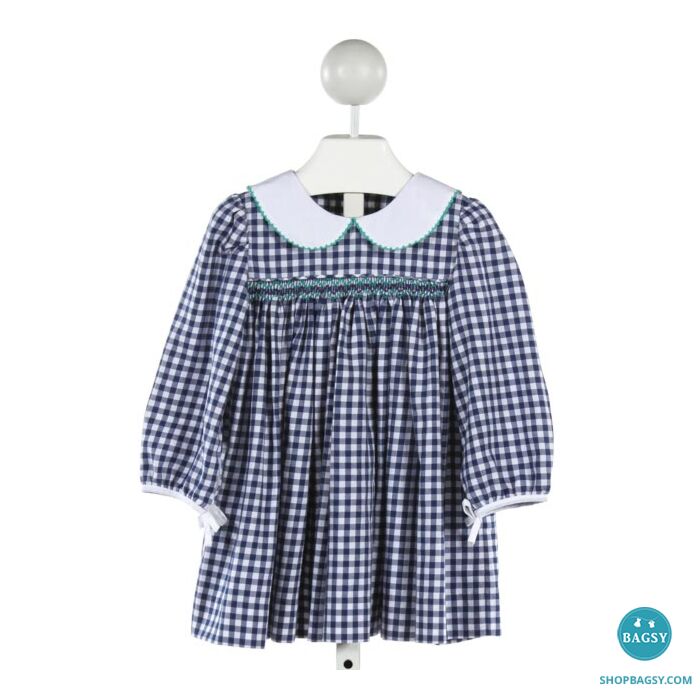SHRIMP GRITS BLUE GINGHAM SMOCKED DRESS WITH PICOT STITCHING