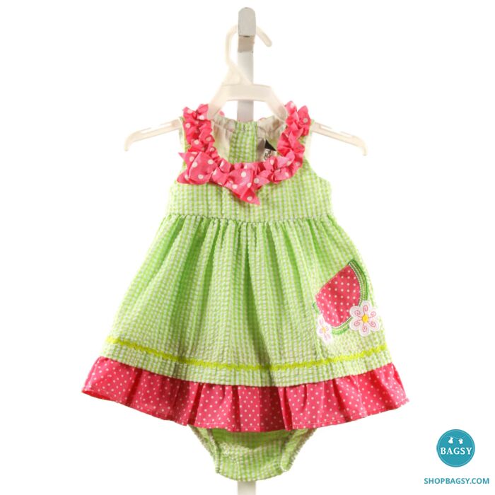 RARE EDITIONS LIME GREEN SEERSUCKER STRIPED APPLIQUED DRESS WITH RUFFLE