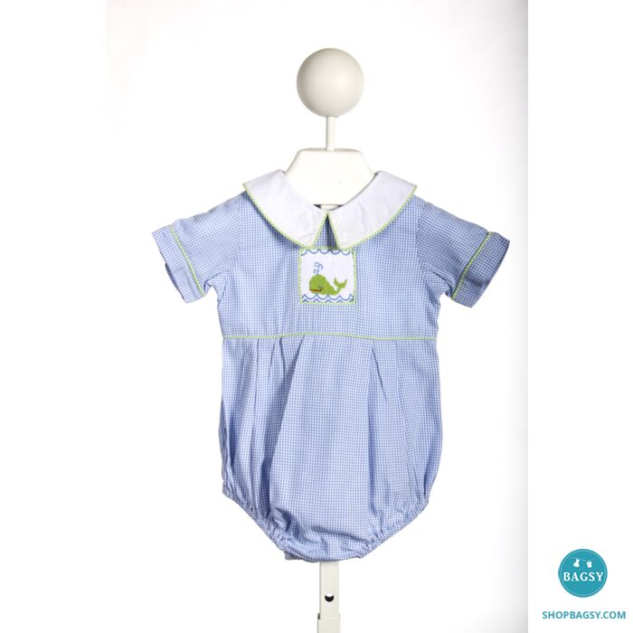 SHRIMP AND GRITS BLUE CHECK BUBBLE WITH SMOCKED WHALE