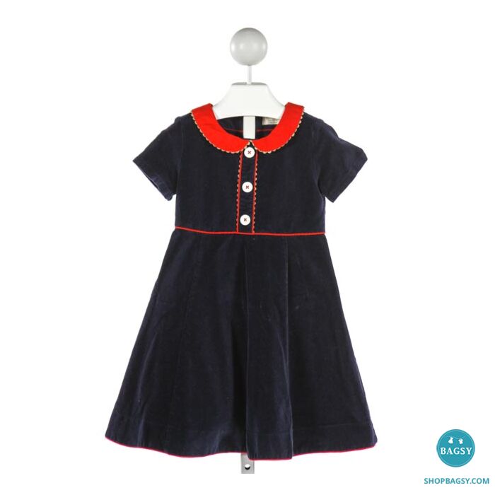 MINI BODEN NAVY VELVET DRESS WITH RIC RAC