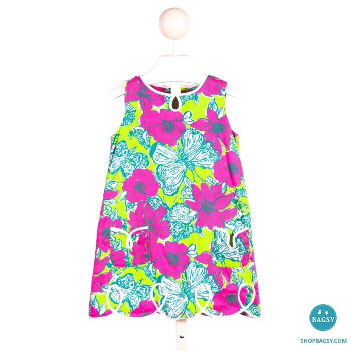 LILLY PULITZER GREEN AND PINK BUTTERFLY AND FLOWER DRESS WITH POCKETS SLIGHT IMPERFECTION THE STITCH