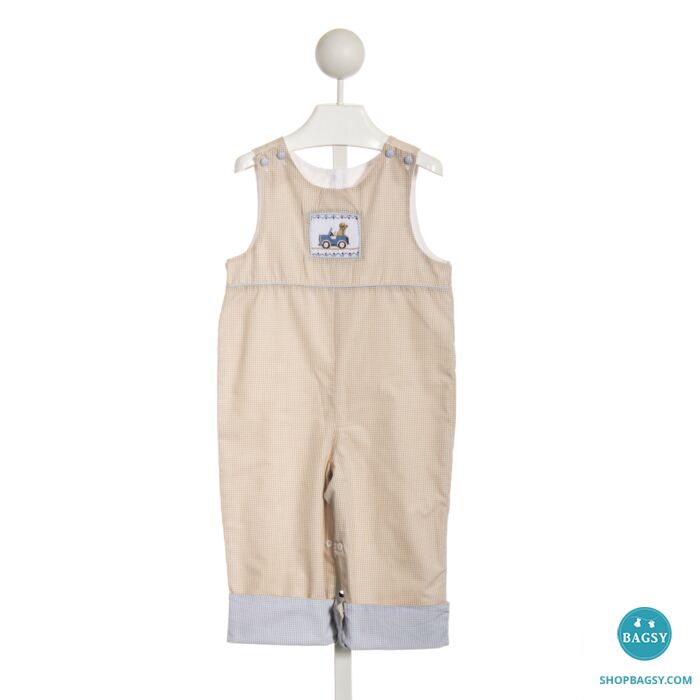 SHRIMP AND GRITS BROWN CHECK ROMPER WITH JEEP SMOCKING