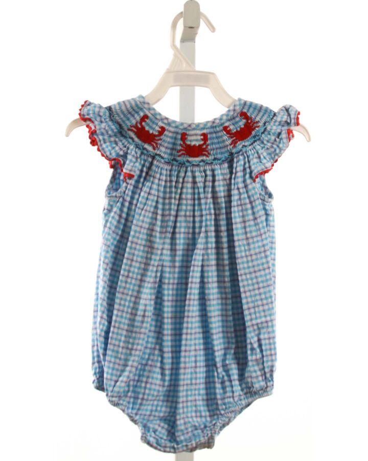 SOUTHERN SUNSHINE KIDS  AQUA  PLAID SMOCKED BUBBLE WITH RIC RAC