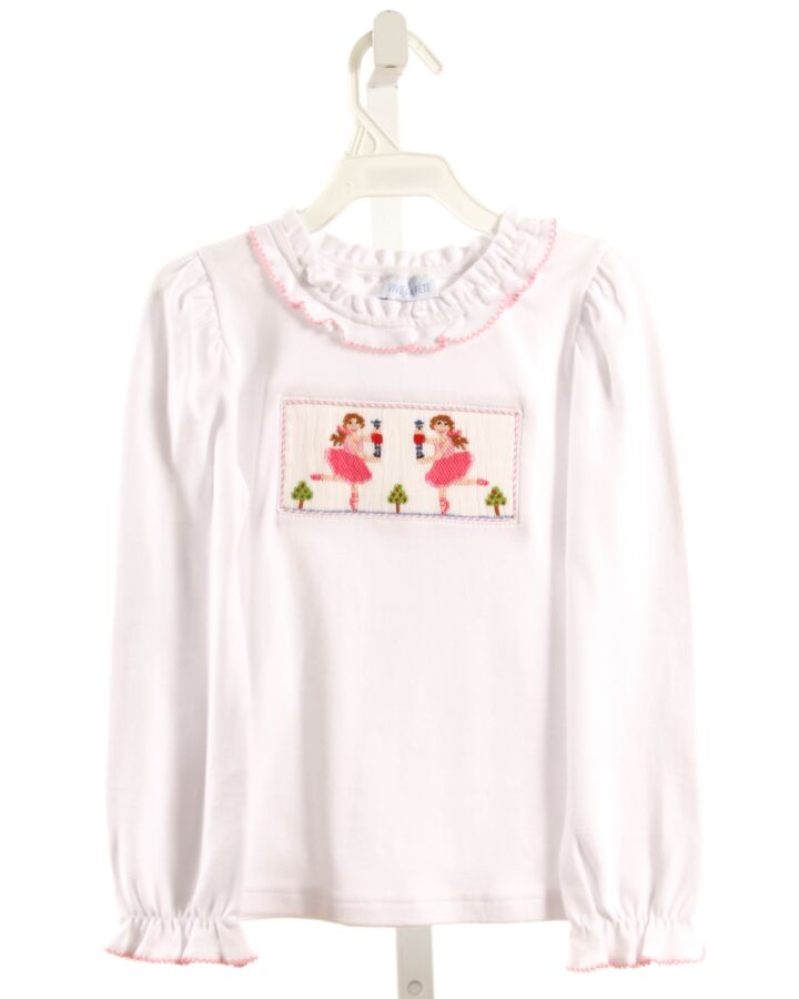 VIVE LA FETE  WHITE   SMOCKED KNIT LS SHIRT WITH PICOT STITCHING