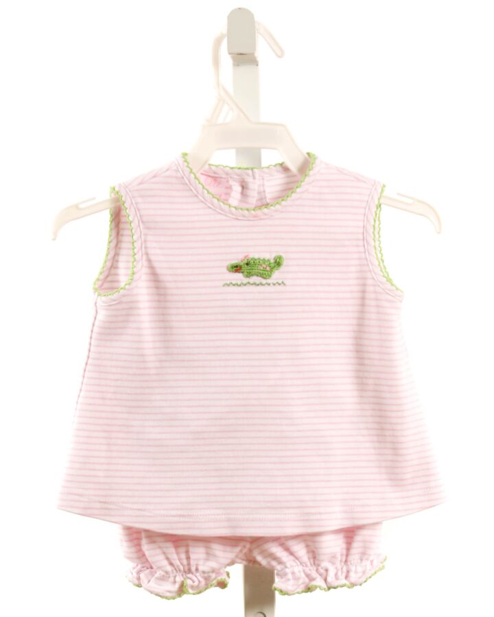 PETIT BEBE  LT PINK  STRIPED EMBROIDERED 2-PIECE OUTFIT WITH PICOT STITCHING