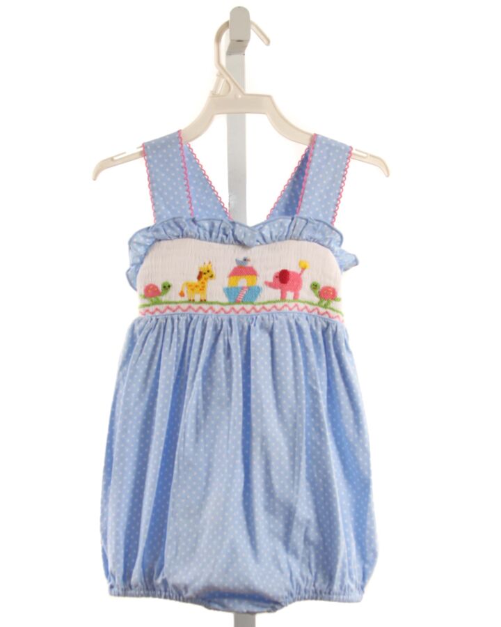 BABEENI  BLUE  POLKA DOT SMOCKED BUBBLE WITH PICOT STITCHING