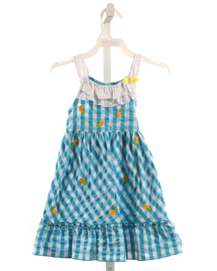 YOUNGLAND  AQUA SEERSUCKER PLAID EMBROIDERED DRESS