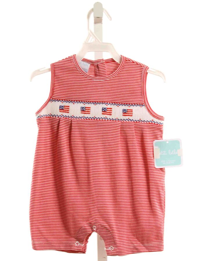 PETIT BEBE  RED  STRIPED SMOCKED SHORTALL