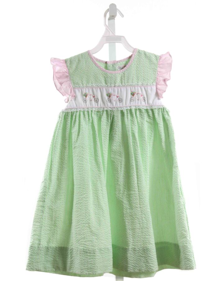 PETIT AMI  GREEN SEERSUCKER STRIPED EMBROIDERED DRESS WITH LACE TRIM