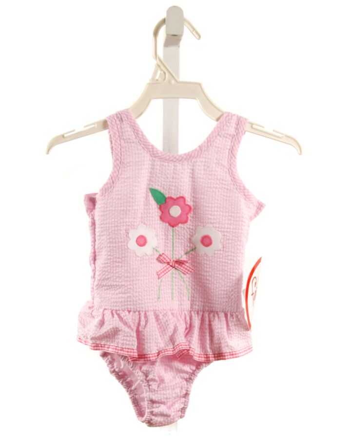 FUNTASIA TOO  PINK SEERSUCKER GINGHAM  1-PIECE SWIMSUIT WITH RUFFLE