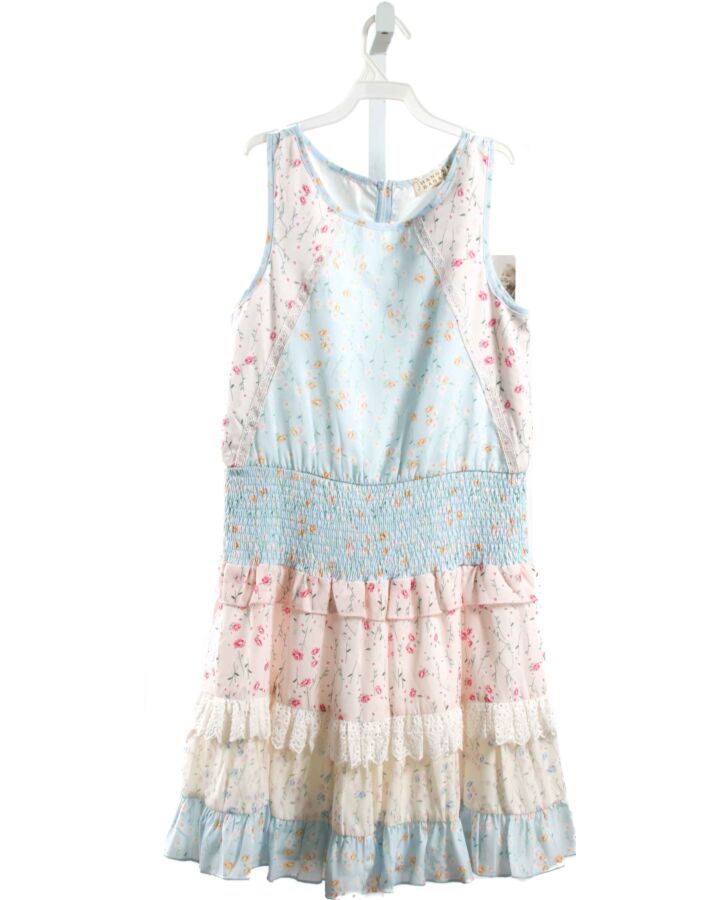 SARA SARA  LT BLUE  FLORAL SMOCKED DRESS WITH LACE TRIM