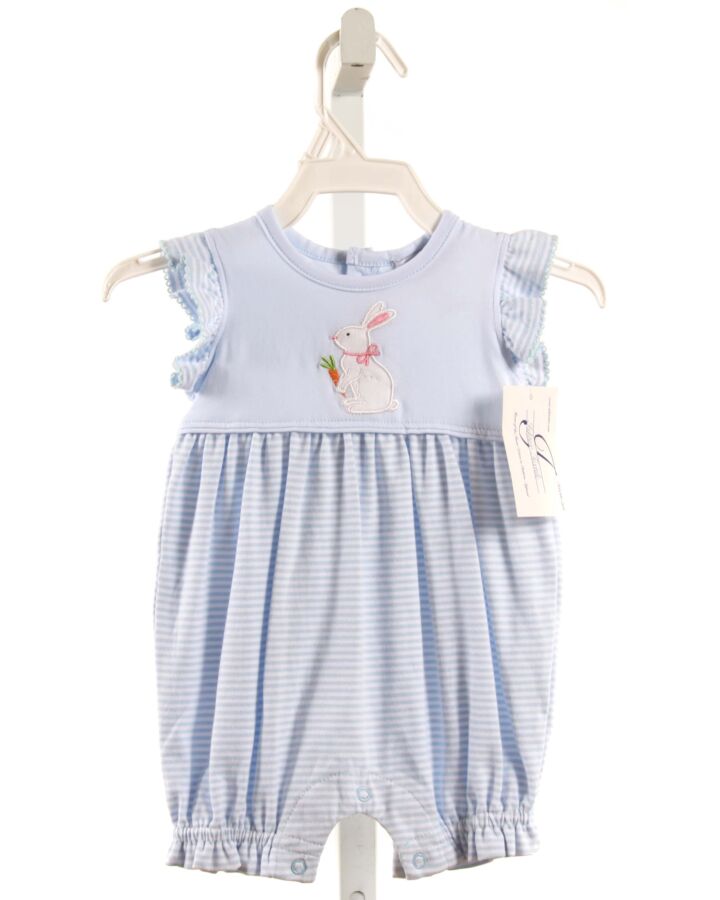 ISHTEX  LT BLUE  STRIPED APPLIQUED KNIT ROMPER WITH PICOT STITCHING