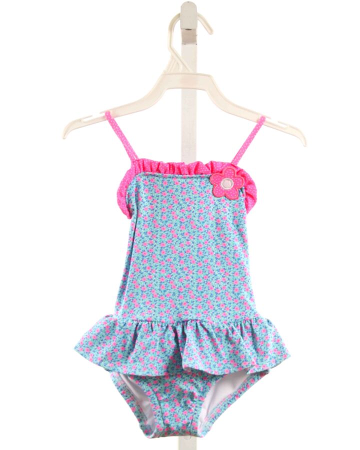 FLORENCE EISEMAN  AQUA  FLORAL  1-PIECE SWIMSUIT WITH RUFFLE