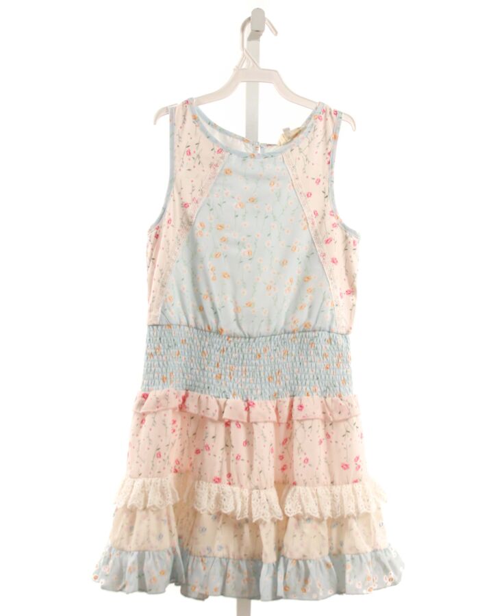 SARA SARA  LT BLUE  FLORAL SMOCKED DRESS WITH RUFFLE