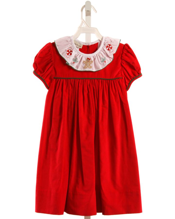 MARCO & LIZZY  RED CORDUROY  EMBROIDERED DRESS WITH RUFFLE