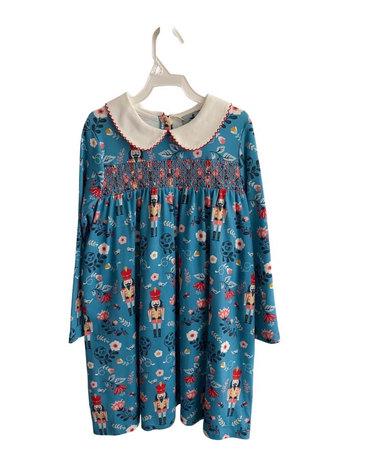 NANDUCKET  BLUE  FLORAL SMOCKED KNIT DRESS WITH PICOT STITCHING
