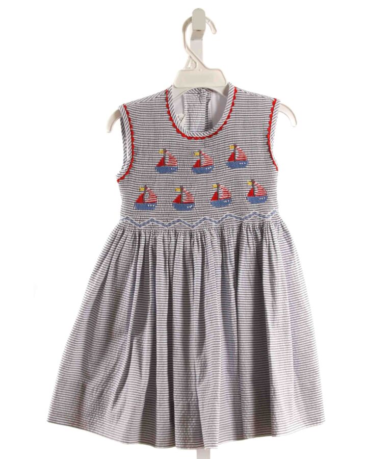 LITTLE THREADS  BLUE SEERSUCKER STRIPED SMOCKED DRESS WITH RIC RAC