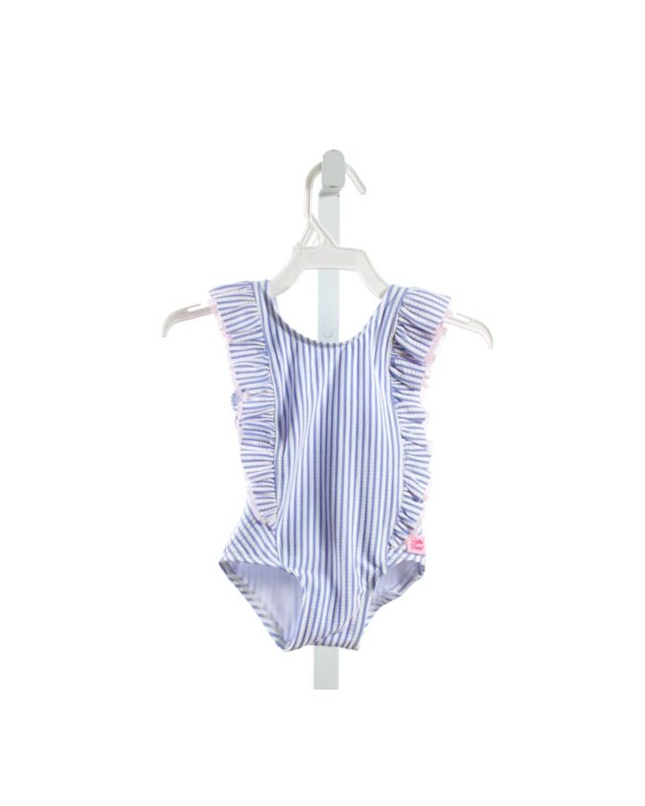 RUFFLE BUTTS  BLUE SEERSUCKER STRIPED  1-PIECE SWIMSUIT