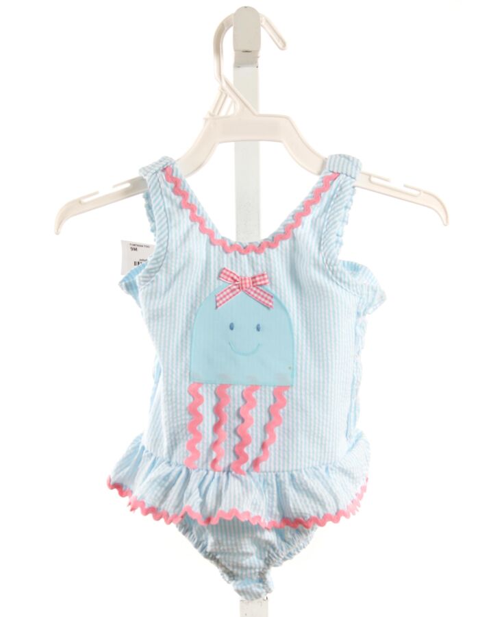 FUNTASIA TOO  BLUE SEERSUCKER STRIPED  1-PIECE SWIMSUIT WITH RIC RAC