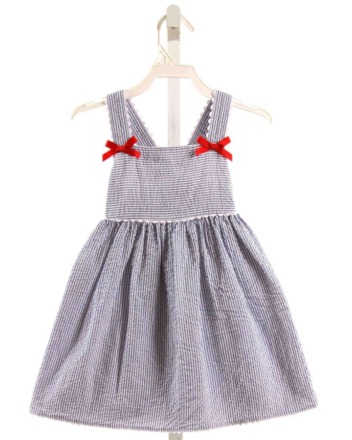 STARTING OUT  NAVY SEERSUCKER STRIPED  DRESS WITH RIC RAC