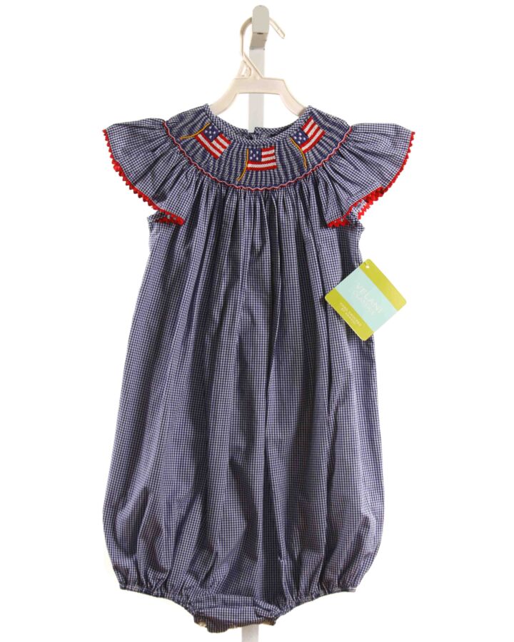 VELANI  BLUE  GINGHAM SMOCKED BUBBLE WITH RIC RAC