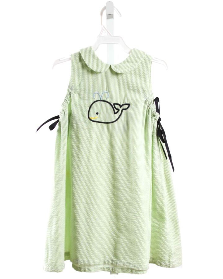 JUST DUCKY  LT GREEN SEERSUCKER STRIPED EMBROIDERED DRESS