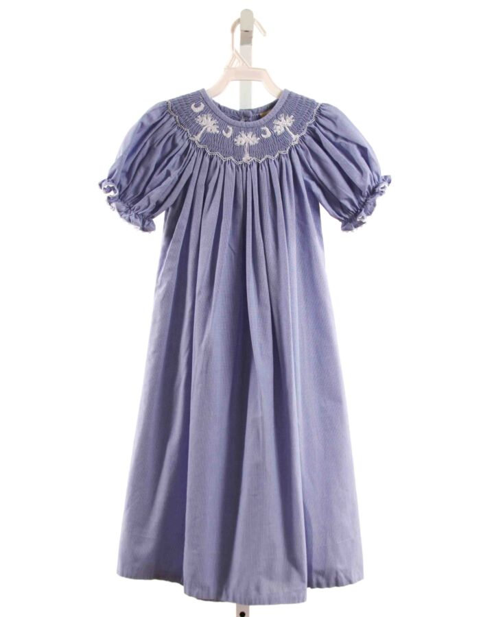 LE ZA ME  BLUE  MICROCHECK SMOCKED DRESS WITH RIC RAC