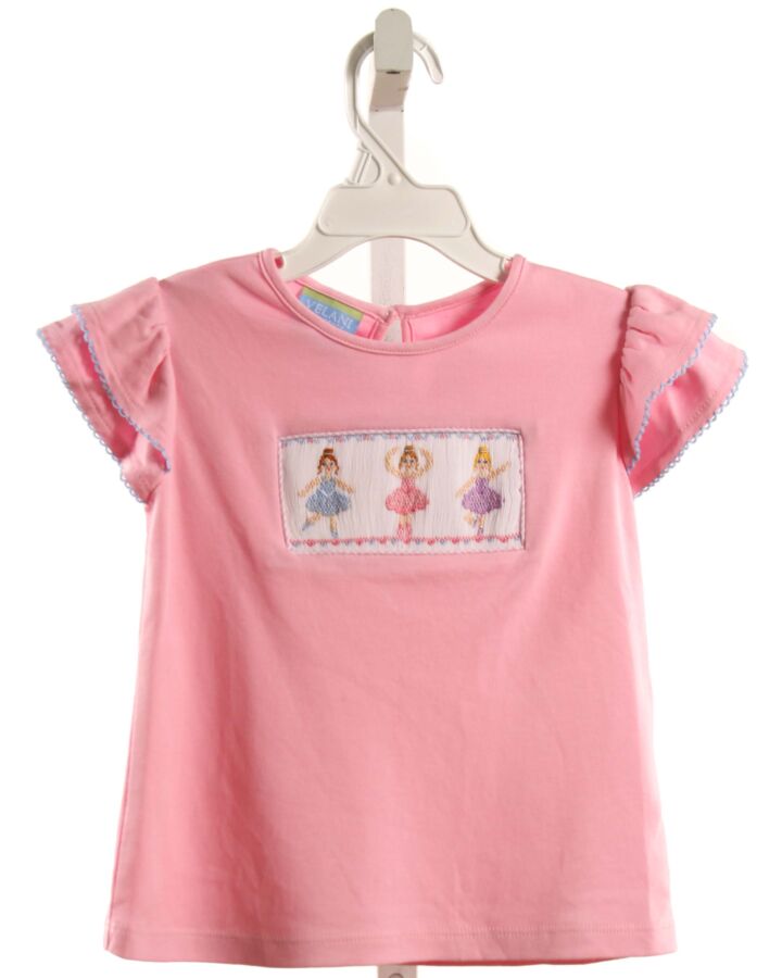 VELANI  PINK   SMOCKED KNIT SS SHIRT WITH PICOT STITCHING