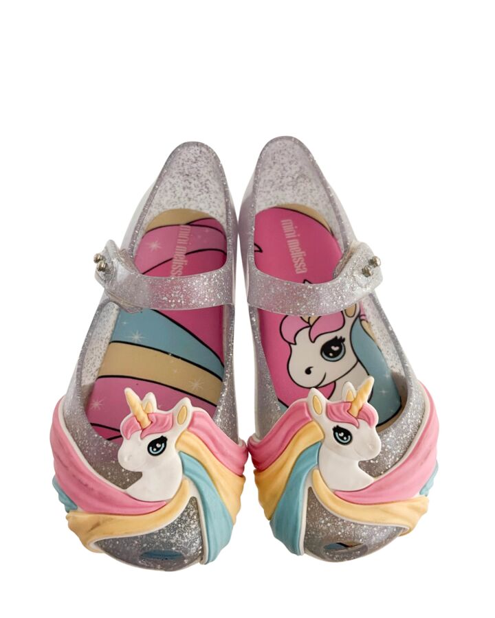 MINI MELISSA SILVER MARY JANES *THIS ITEM IS GENTLY USED WITH MINOR SIGNS OF WEAR (MINOR STAINING) *EUC SIZE TODDLER 10