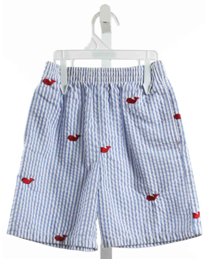 KELLY'S KIDS  BLUE SEERSUCKER STRIPED EMBROIDERED SHORTS