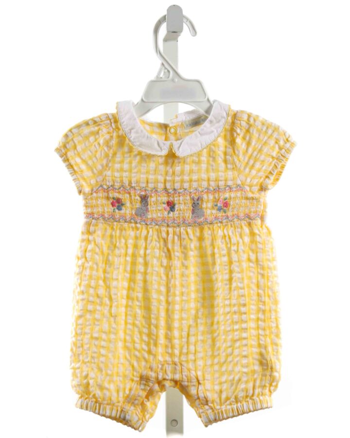 JOJO MAMAN BEBE  YELLOW SEERSUCKER GINGHAM SMOCKED ROMPER